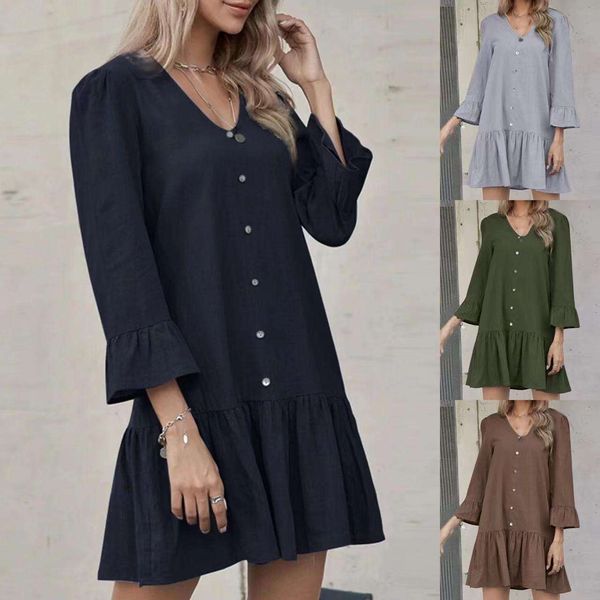 cotton and linen womens dress middle skirt loose collar buttons pleated trumpet sleeve, Black;gray
cotton and linen womens dress middle skirt loose collar buttons pleated trumpet sleeve, Black;gray