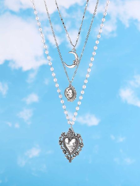 women's accessories 2pcs faux pearl decor heart moon charm layered necklace, Silver
women's accessories 2pcs faux pearl decor heart moon charm layered necklace, Silver