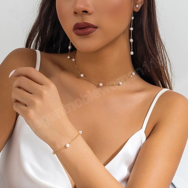 fashion imitaion pearl beaded necklace drop earrings bracelet jewelry set for women choker bangle party wedding street, Black 
fashion imitaion pearl beaded necklace drop earrings bracelet jewelry set for women choker bangle party wedding street, Black