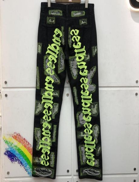distressed endless damage hole denim jeans men women straight fluorescent green letter embroidery pants7798334, Blue 
distressed endless damage hole denim jeans men women straight fluorescent green letter embroidery pants7798334, Blue