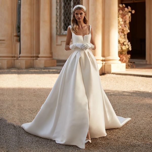 vintage satin wedding dresses 2024 square collar a-line mono bridal gowns side slit sleeveless princess bride dress vestido de noiva, White
vintage satin wedding dresses 2024 square collar a-line mono bridal gowns side slit sleeveless princess bride dress vestido de noiva, White