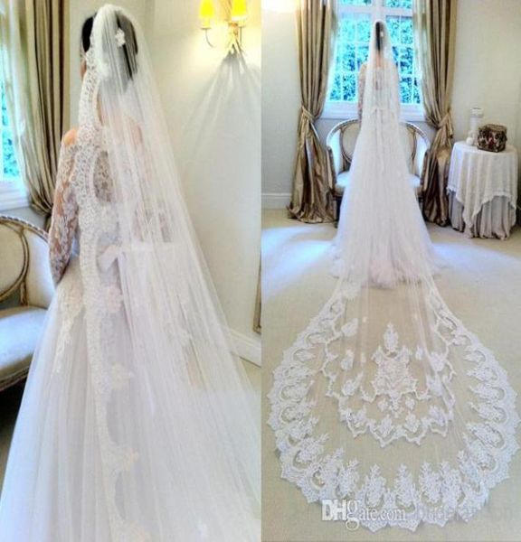 2021 white bridal tulle lace edge bridal accessories chapel length veils with appliques6447090, Black