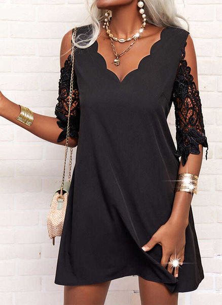 spring/summer lace splice dress v-neck off shoulder versatile women's dress splice solid color dress, Black;gray
spring/summer lace splice dress v-neck off shoulder versatile women's dress splice solid color dress, Black;gray