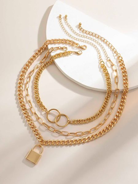 women's accessories lock charm chunky chain necklace set - 3pcs, Silver 
women's accessories lock charm chunky chain necklace set - 3pcs, Silver