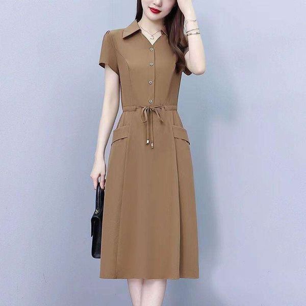 high end shirt collar dress for women summer mom fashionable slim looking belly covering temperament pure color, Black;gray 
high end shirt collar dress for women summer mom fashionable slim looking belly covering temperament pure color, Black;gray