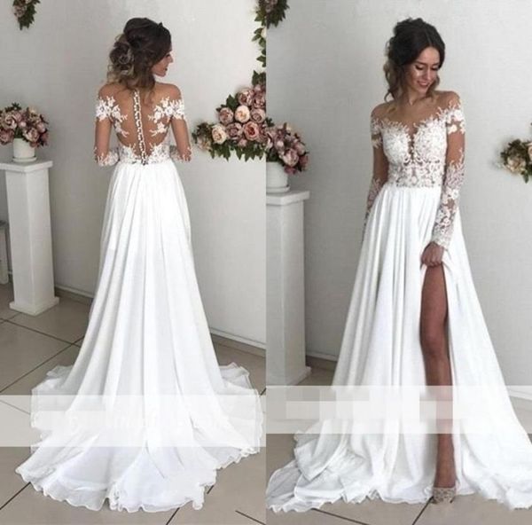 exquisite lace chiffon aline wedding dresses 2019 sheer neck long sleeves side split sweep train back cover buttons country brida6134096, White
exquisite lace chiffon aline wedding dresses 2019 sheer neck long sleeves side split sweep train back cover buttons country brida6134096, White