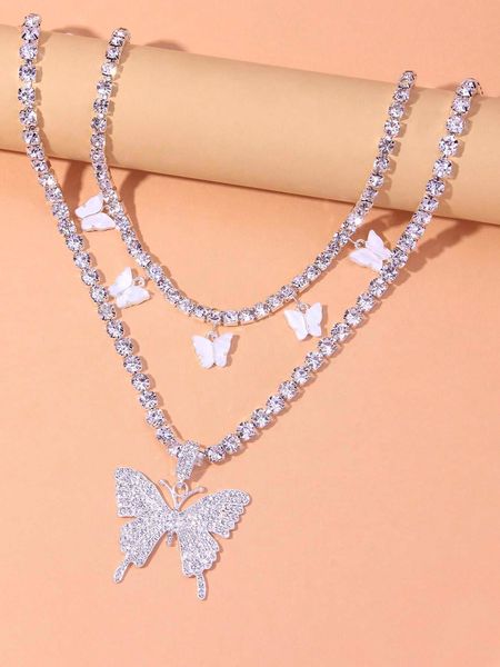 women's accessories 2pcs rhinestone butterfly charm necklace, Silver
women's accessories 2pcs rhinestone butterfly charm necklace, Silver