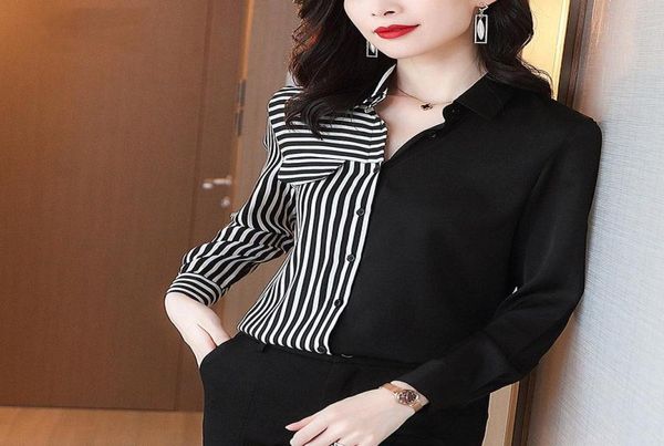 women's blouses & shirts fashion vintage black stripe stitching shirt long sleeve loose women button casual ice lady 3466022, White 
women's blouses & shirts fashion vintage black stripe stitching shirt long sleeve loose women button casual ice lady 3466022, White