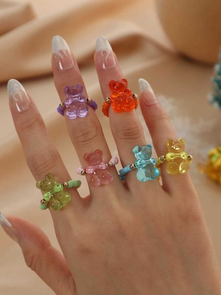 women's accessories 6pcs bear decor beaded ring, Silver 
women's accessories 6pcs bear decor beaded ring, Silver