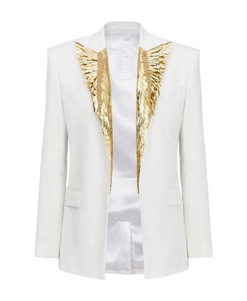 high-quality office lady metal beading neck lion buttons white blazer, White;black