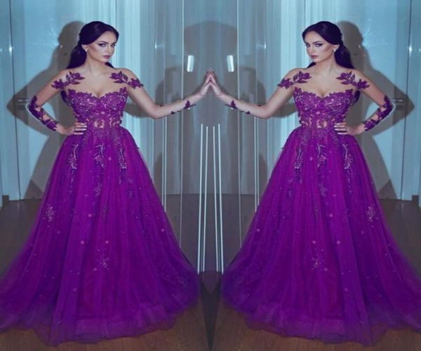 charming purple prom dresses illusion long sleeves lace beading formal evening gowns a line jewel neck chiffon skirt9996570, Black