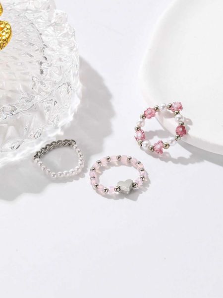 women's accessories 3pcs/set faux pearl heart beaded ring, Silver 
women's accessories 3pcs/set faux pearl heart beaded ring, Silver