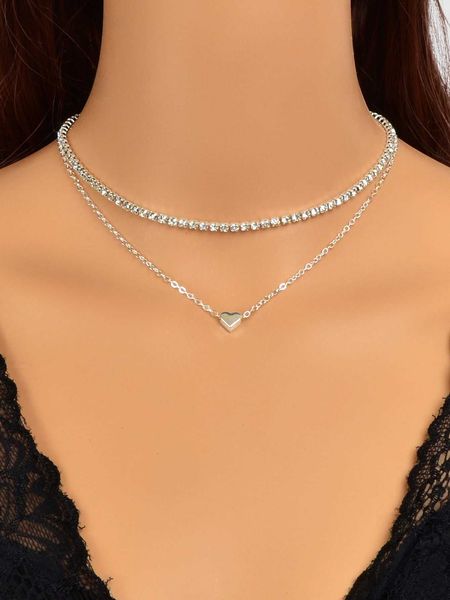 women's accessories 2pcs rhinestone heart decor necklace, Silver