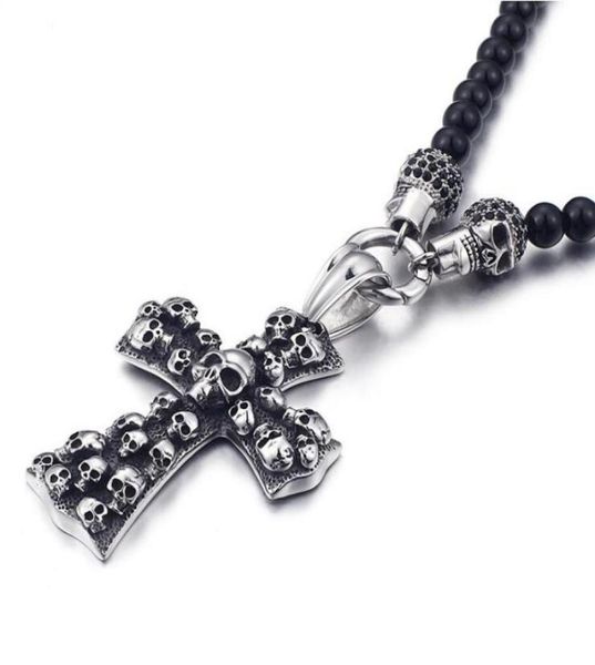 fashion punk rock black glass bead skull pendant necklace for men women stainless steel cross necklaces pendants 50cm long jewel3525802, Silver 
fashion punk rock black glass bead skull pendant necklace for men women stainless steel cross necklaces pendants 50cm long jewel3525802, Silver