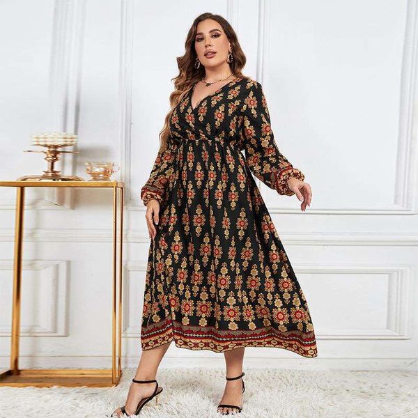 large sized womens clothing fat mmv neck long sleeved printed dress, Black;gray