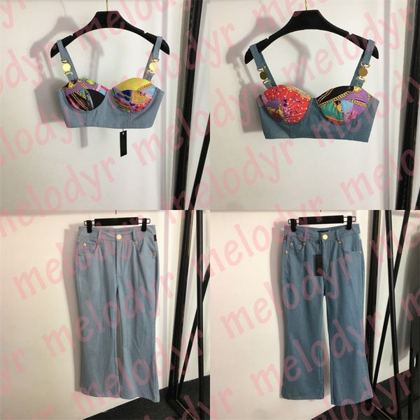 fashion designer jeans set women bandeau denim tank classic print high waist flare denim pants, White
fashion designer jeans set women bandeau denim tank classic print high waist flare denim pants, White