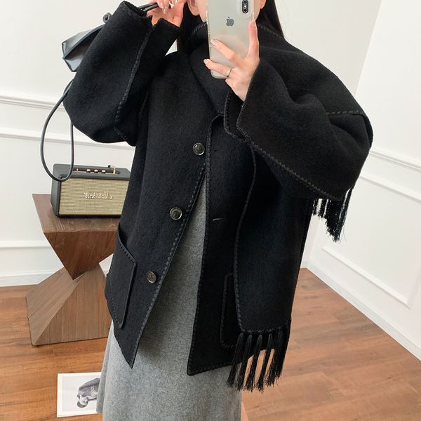 womens tassel scarf collar wool coat single-breasted loose jacket outwear casual, Black;brown
womens tassel scarf collar wool coat single-breasted loose jacket outwear casual, Black;brown