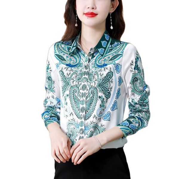 designer shirt womens floral satin long sleeve 2023 fashion lapel button up formal shirts spring fall office lady elegant and youth silk bl, White