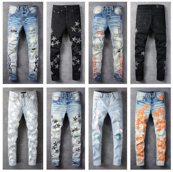 16 colors designer mens jeans cool style luxury fashion embroidered patches denim pant distressed ripped biker men slim pencil jean slim fit, Blue
16 colors designer mens jeans cool style luxury fashion embroidered patches denim pant distressed ripped biker men slim pencil jean slim fit, Blue