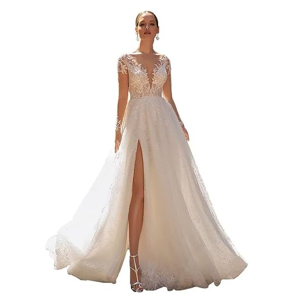 bohemian long sleeve wedding dresses a line v neck lace appliqued beach bridal gowns backless sweep train high side split boho wedding dress, White
bohemian long sleeve wedding dresses a line v neck lace appliqued beach bridal gowns backless sweep train high side split boho wedding dress, White