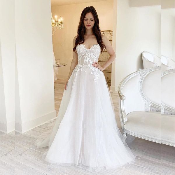 lace appliques sweetheart wedding dress with strapless corset tulle bridal gown petite beach wedding dresses for bride, White
lace appliques sweetheart wedding dress with strapless corset tulle bridal gown petite beach wedding dresses for bride, White