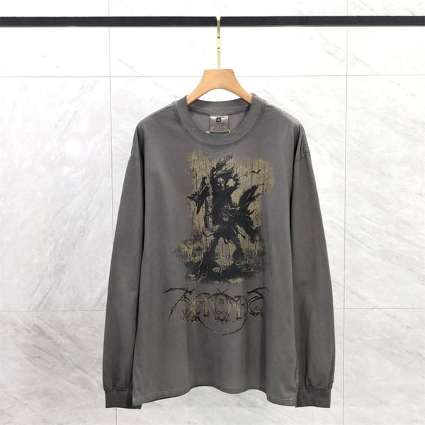 washed t shirt men women oversized graffiti long sleeve t-shirt tee, Black;brown