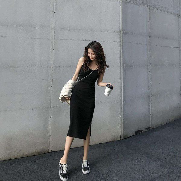 mid length dress with spaghetti straps summer style for women a slit slim undergarment skirt, Black;gray
mid length dress with spaghetti straps summer style for women a slit slim undergarment skirt, Black;gray