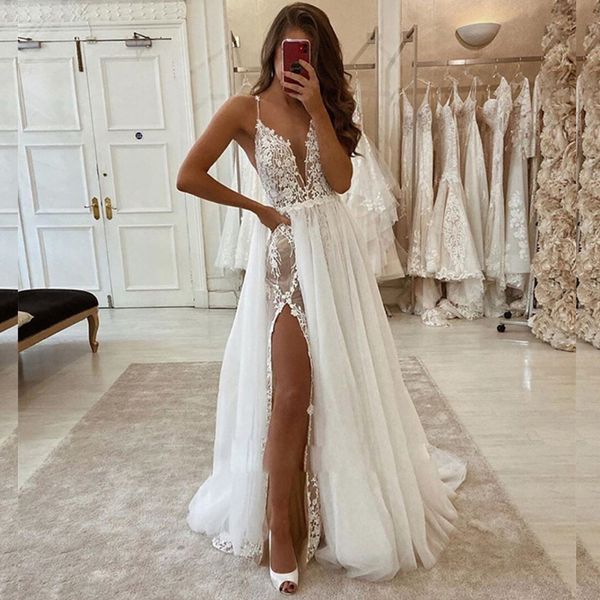open back lace cut wedding dress split side spaghrtti bridal gown petite beach wedding dresses for bride, White
open back lace cut wedding dress split side spaghrtti bridal gown petite beach wedding dresses for bride, White