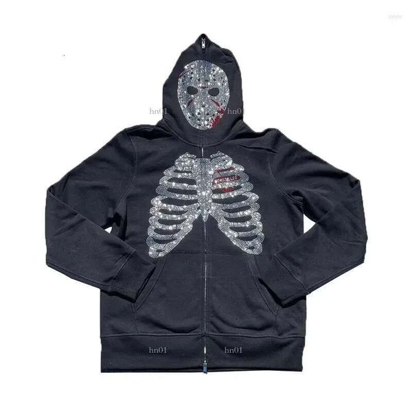 men's hoodies y2k full zip up hoodie men autumn winter gothic rhinestones web sweatshirt hip hop grunge skeleton oversized jacket a7, Black