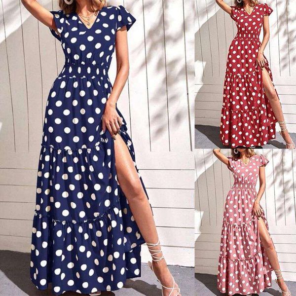 summer womens fashion v neck short sleeve side split midlength polka dresses, Black;gray
summer womens fashion v neck short sleeve side split midlength polka dresses, Black;gray