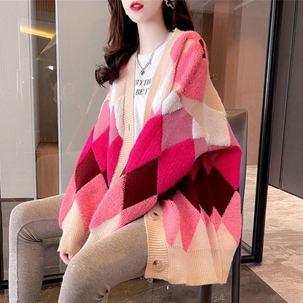 women's knits tees fashion diamondshaped printed pink cardigan contrast color stitching longsleeved sweater oversized knitting women 23, White
women's knits tees fashion diamondshaped printed pink cardigan contrast color stitching longsleeved sweater oversized knitting women 23, White