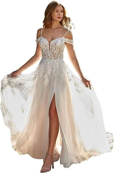 plus size bridal gowns wedding dresses spaghetti straps lace appliques beadding side split a-line wedding dress, White
plus size bridal gowns wedding dresses spaghetti straps lace appliques beadding side split a-line wedding dress, White