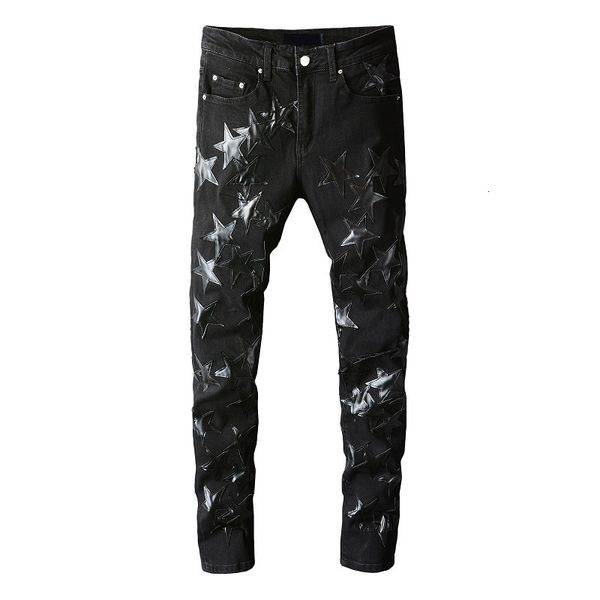men's jeans black slim fit streewear fashion distressed skinny stretch embroidered leather stars patchwork ripped pants for men 230725, Blue
men's jeans black slim fit streewear fashion distressed skinny stretch embroidered leather stars patchwork ripped pants for men 230725, Blue