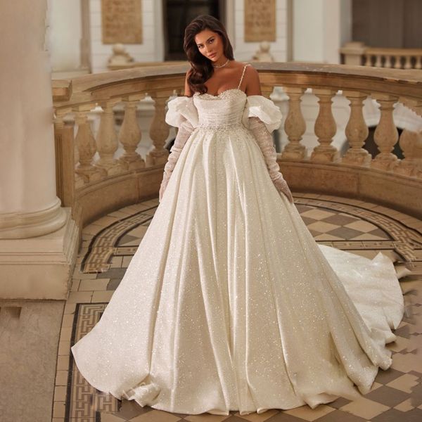 sparking glitter ball gown wedding dresses spaghetti strap beaded bride gown off the shoulder princess plus size vestido de novia, White
sparking glitter ball gown wedding dresses spaghetti strap beaded bride gown off the shoulder princess plus size vestido de novia, White