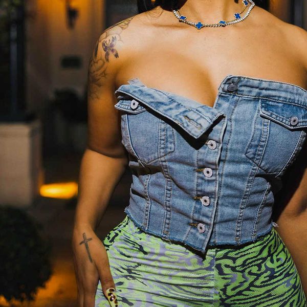 women's tanks solid denim pocket design button vest women casual bare midriff wrapped chest sleeveless crop ladies streetwear, White
women's tanks solid denim pocket design button vest women casual bare midriff wrapped chest sleeveless crop ladies streetwear, White