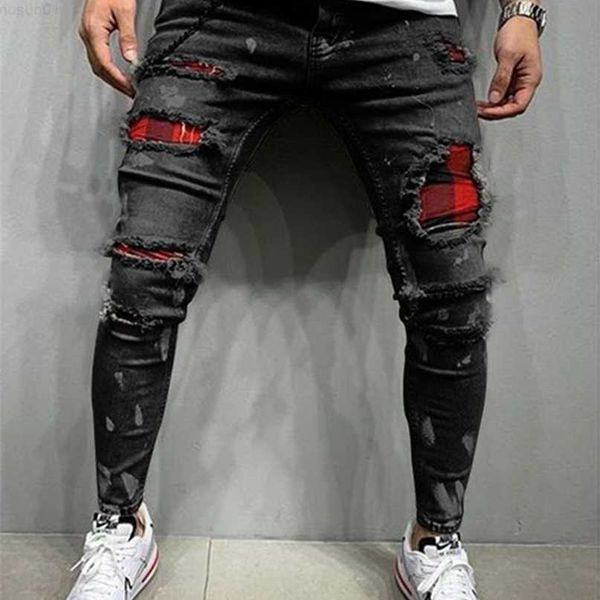men's skinny ripped jeans fashion grid beggar patches slim fit stretch casual denim pencil pants painting jogging trousers men 220408 l, Blue
men's skinny ripped jeans fashion grid beggar patches slim fit stretch casual denim pencil pants painting jogging trousers men 220408 l, Blue