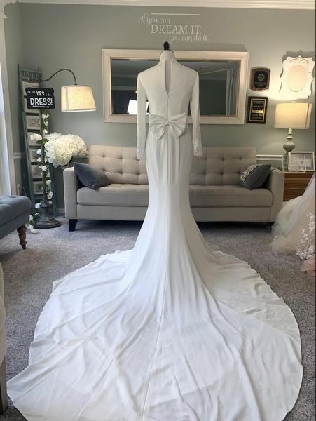 long sleeves modest wedding gowns dresses muslim high neck buttons belt stretch crepe simple vestidos de boda 2023, White
long sleeves modest wedding gowns dresses muslim high neck buttons belt stretch crepe simple vestidos de boda 2023, White