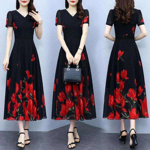 short sleeve dress for women summer elegant long waist slim v neck chiffon fashionable beach, Black;gray
short sleeve dress for women summer elegant long waist slim v neck chiffon fashionable beach, Black;gray