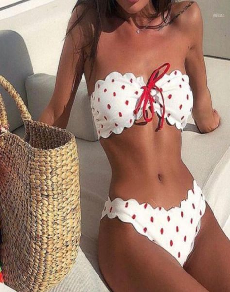 

ribbed bandeau bikini set lace up swimsuit scalloped swimwear 2019 push up biquini dots tube bandage swimming suit for women111767162, White;black