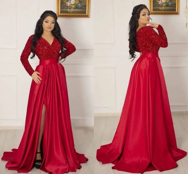 dubai arabic red sequined prom dresses with long sleeves v neck elegant satin women formal party evening gowns high split satin a line secon, Black
dubai arabic red sequined prom dresses with long sleeves v neck elegant satin women formal party evening gowns high split satin a line secon, Black