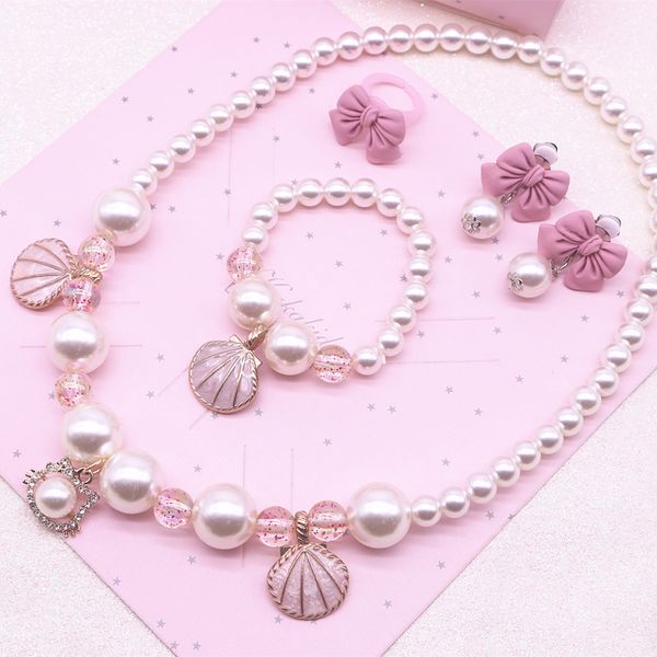 princess bowknot shell imitation pearl necklace set girl pink necklace bracelet, Silver
princess bowknot shell imitation pearl necklace set girl pink necklace bracelet, Silver