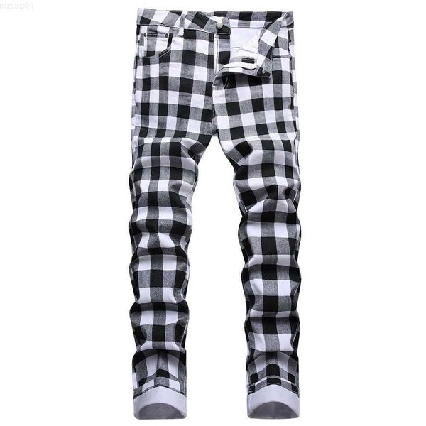 men's jeans black and white plaid printed fashion check digital print slim straight pants stretch trousers y2303 l230726, Blue 
men's jeans black and white plaid printed fashion check digital print slim straight pants stretch trousers y2303 l230726, Blue