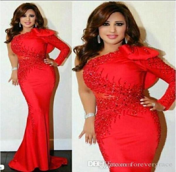 2019 red arabic evening dress beaded mermaid one shoulder with long sleeves formal holiday wear prom party gown custom made 7953942, Black;red