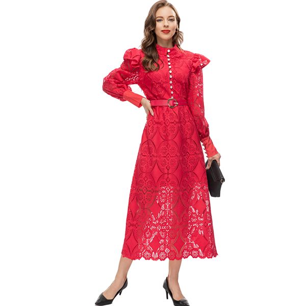 women's runway dresses o neck long sleeves embroidery single buttons lace high street fashion vestidos, Black
women's runway dresses o neck long sleeves embroidery single buttons lace high street fashion vestidos, Black