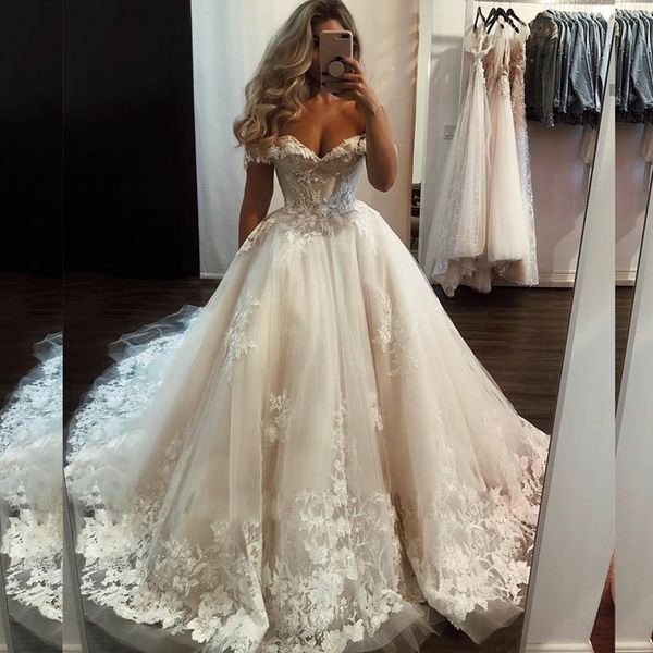 lace appliques off shoulder wedding dress princess wedding bridal gown with long train lace up dresses for bride, White
lace appliques off shoulder wedding dress princess wedding bridal gown with long train lace up dresses for bride, White