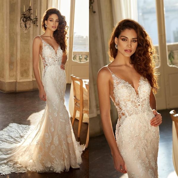 bohemian mermaid wedding dresses beading appliques lace sweep train custom made spaghetti v neck backless boho bridal gowns, White
bohemian mermaid wedding dresses beading appliques lace sweep train custom made spaghetti v neck backless boho bridal gowns, White