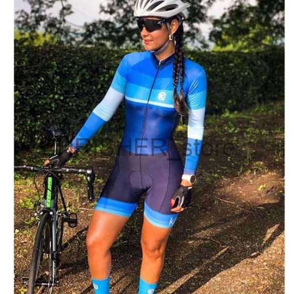 Image of Cycling Jersey Sets Womens Blue Sexy Long Sleeve Cycling Triathlon Skinsuit Sets Bicycle Clothing Macaquinho Ciclismo Feminino Jumpsuit Kits Summer x0727