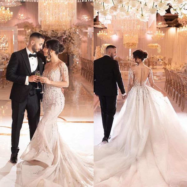 luxury beads mermaid wedding dresses long sleeves appliques lace bridal gowns custom made button back sweep train robe de mariee, White
luxury beads mermaid wedding dresses long sleeves appliques lace bridal gowns custom made button back sweep train robe de mariee, White