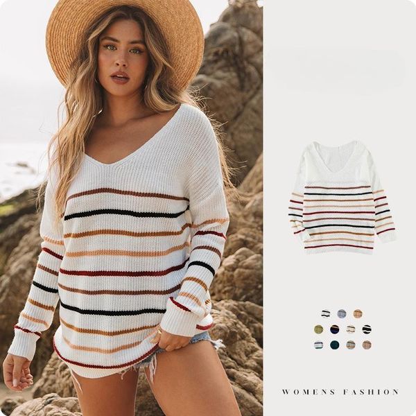 women's sweaters colorful striped sweater fall 2023 new v-neck shoulder loose women's knitwear, White;black
women's sweaters colorful striped sweater fall 2023 new v-neck shoulder loose women's knitwear, White;black