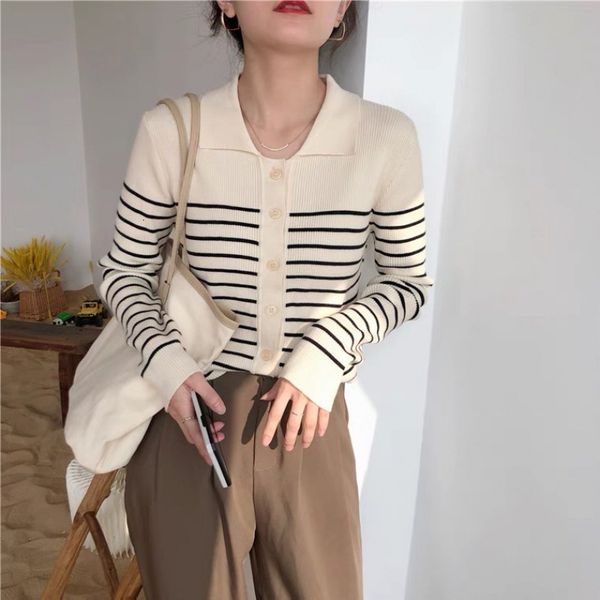 women's knits tees autumn french polo collar knitted cardigan women literary vintage stripes korean fashion slim fit shirt sweater 230, White
women's knits tees autumn french polo collar knitted cardigan women literary vintage stripes korean fashion slim fit shirt sweater 230, White